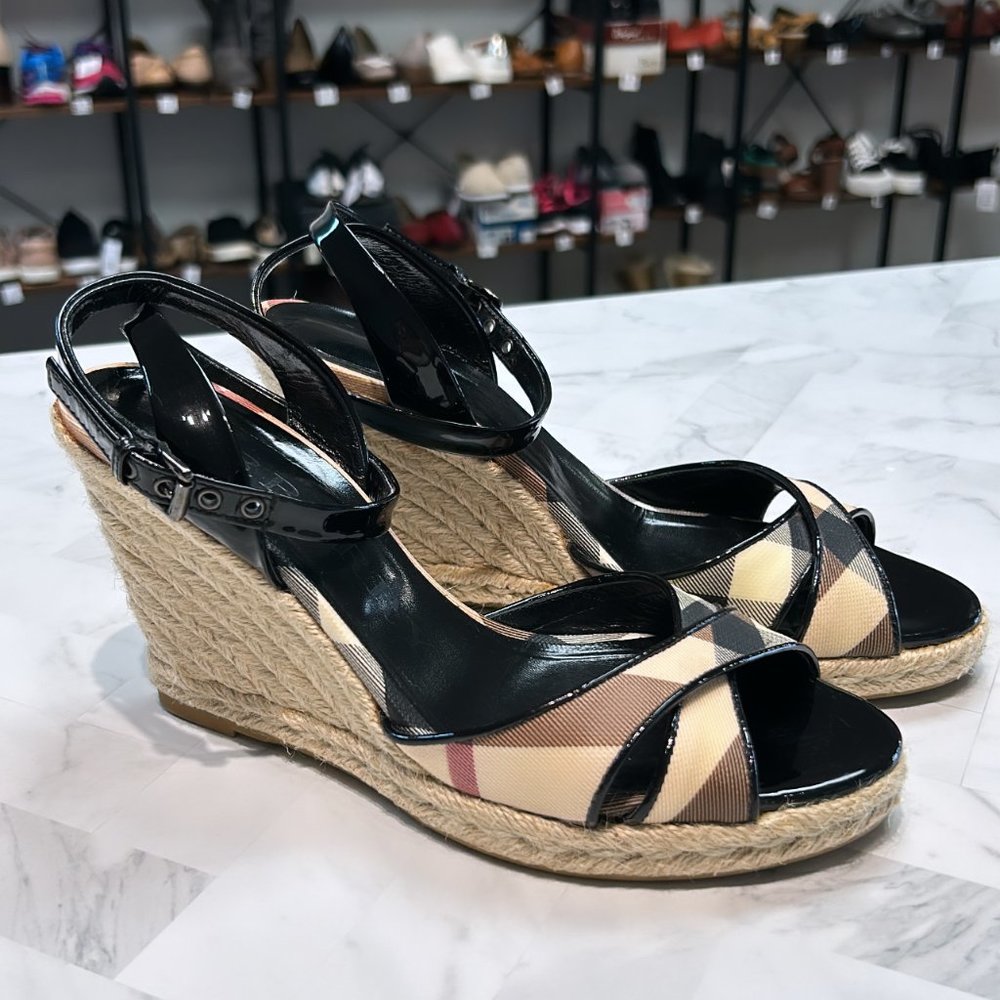 Burberry Womens Black Check Wedge Shoes Sandals 37 US 7